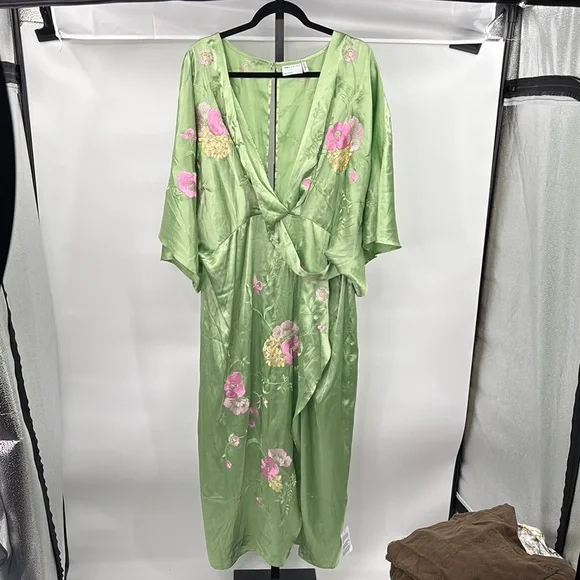 green emerald velvet dress Women's Sheer Lime Green Kimono Dress with Ruffle Sleeves – Amy Page  DeBlasio main image 0